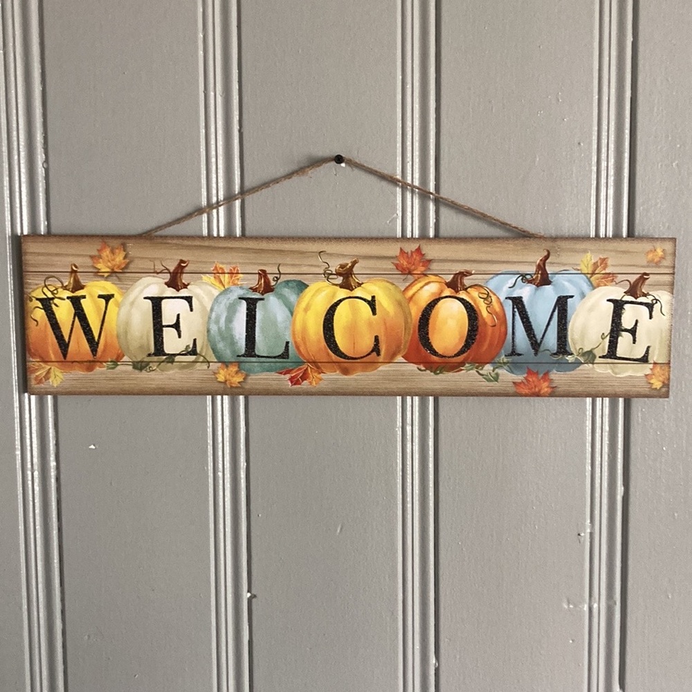 NWT Stunning Colorful Pumpkins Black Glittered Wooden Welcome Decoration Sign